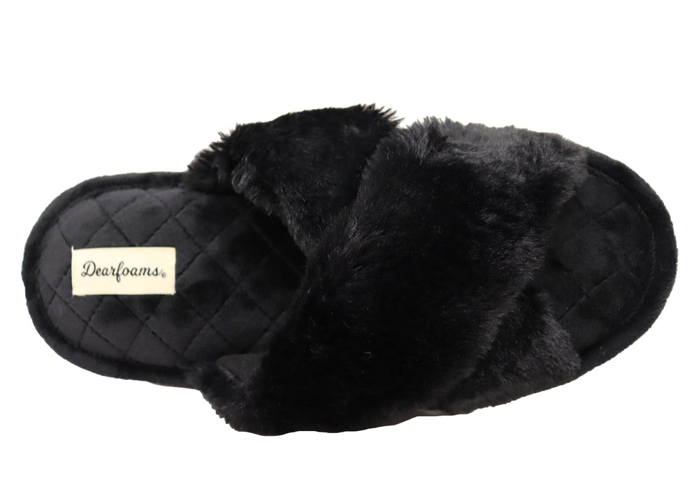 Dearfoams Womens Comfortable Jessica Furry Crossband Slide Slippers